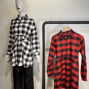 Blusón/Vestido Camisero Largo a Cuadros con Lazo Ajustable