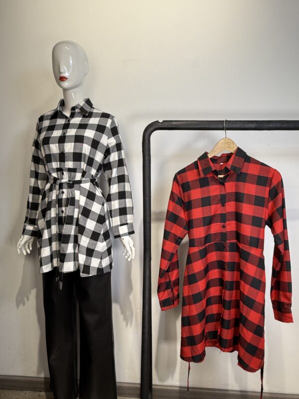 Blusón/Vestido Camisero Largo a Cuadros con Lazo Ajustable