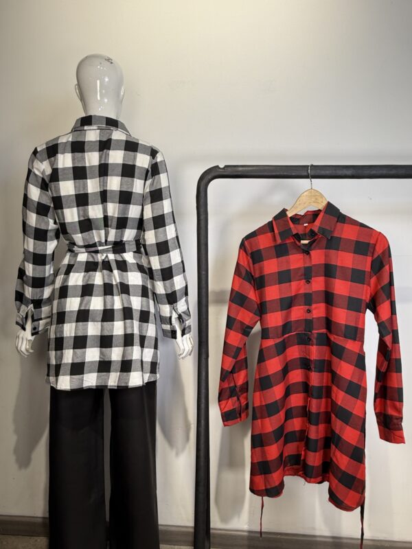 Blusón/Vestido Camisero Largo a Cuadros con Lazo Ajustable