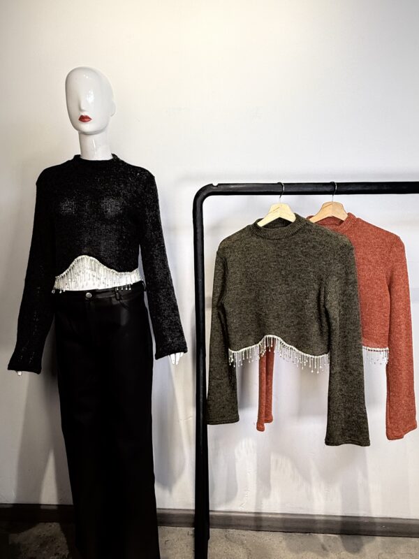 Suéter Crop Top Tejido con Flecos de Pedrería