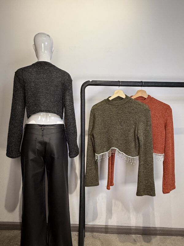 Suéter Crop Top Tejido con Flecos de Pedrería